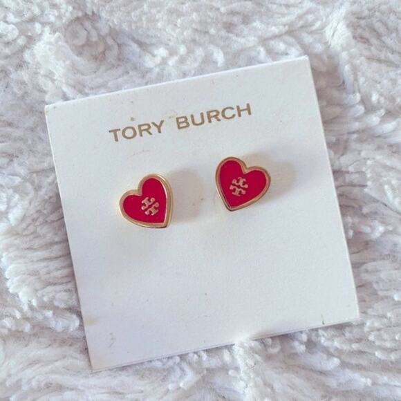 NWOT Tory Burch Gold Logo, Red Enamel Heart Stud Earrings - Picture 6 of 7